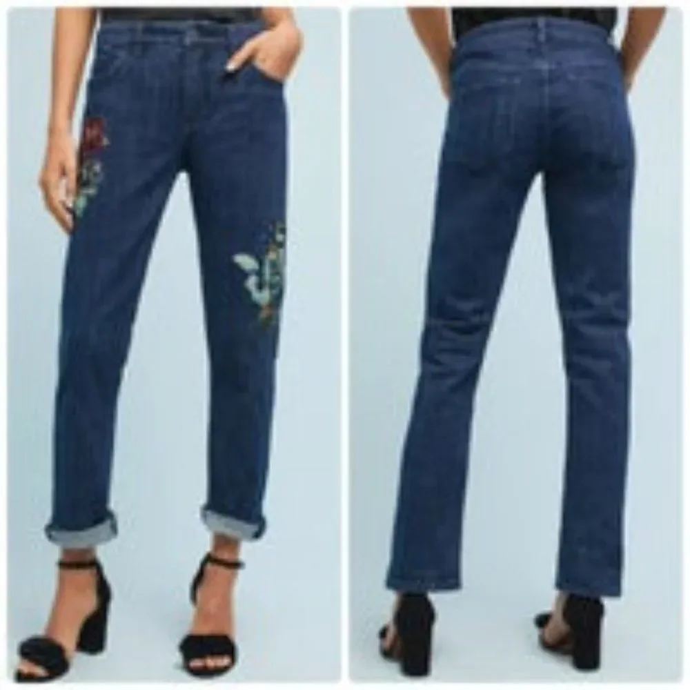 Anthropologie Pilcro Floral Sequin BOHO Slim Boyfriend Jeans Blue Denim Size 28